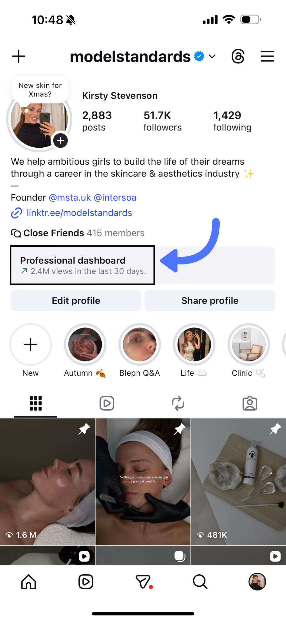 Model Standards' Instagram insights, showing millions of views